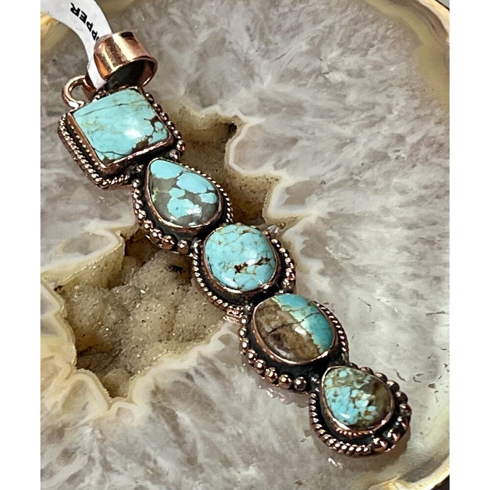 Southwestern No. 8 Mine Turquoise Five Stone Copper Statement Pendant 3.5” - Picture 3 of 16